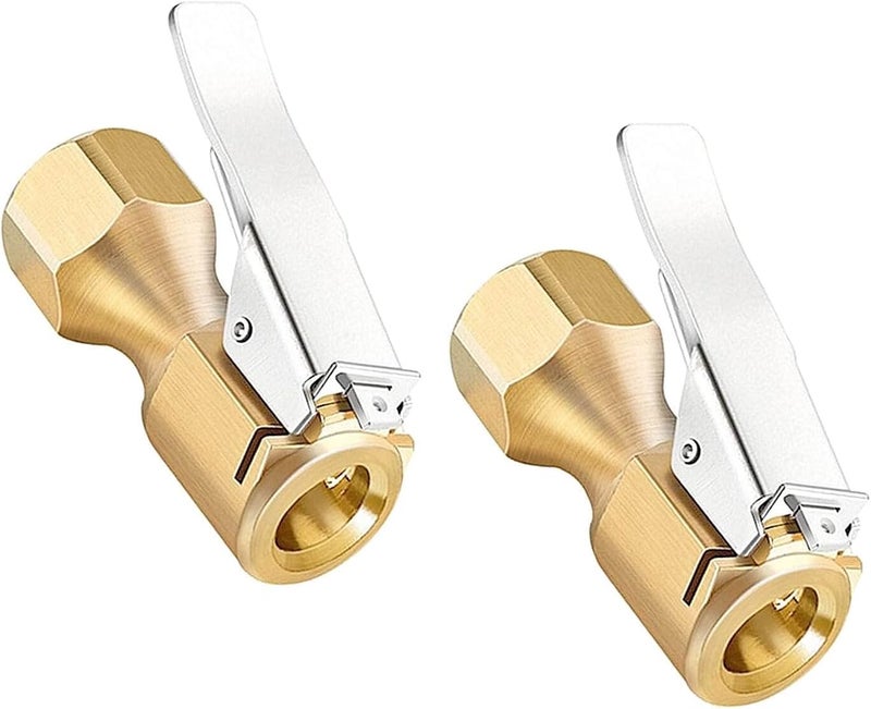 LDCRE Heavy Duty Brass Air Chuck, Open Flow Straight Tire Chuck with Lock-on Clip, 1/4" FNPT Tyre Chuck for Tire Inflator Pressure Gauge Air Pump Compressor Accessories (Brass, 2 Pack) - Image 1